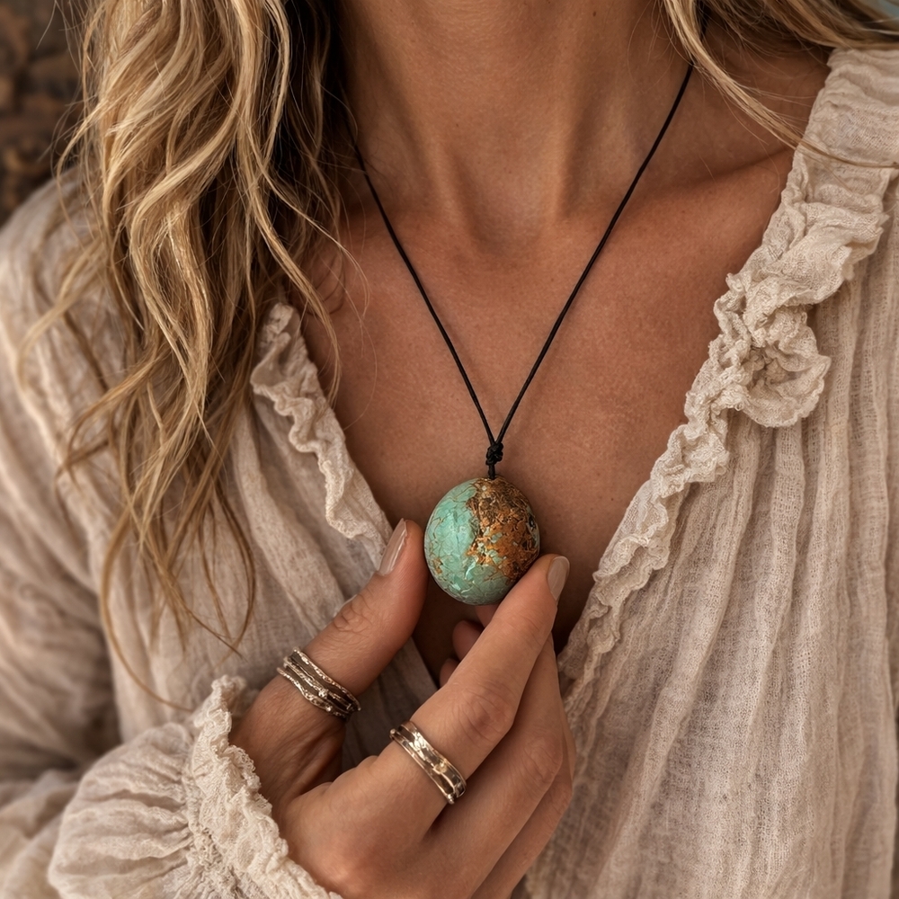 Large Natural Turquoise Necklace Nugget Pendant Bead Rustic Boho Southwestern